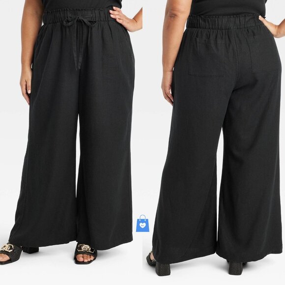 XXL - Womens High-Rise Wide Leg Linen Pants - Ava Viv - Black - Picture 1 of 4